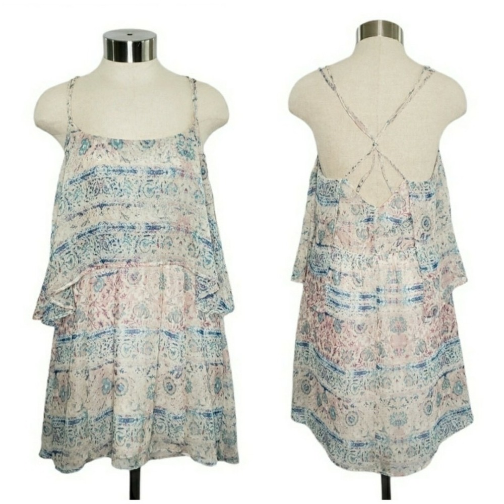 UO Ecote Double Layer Chiffon Dress Women's S Cream Pink Blue Spaghetti Straps
